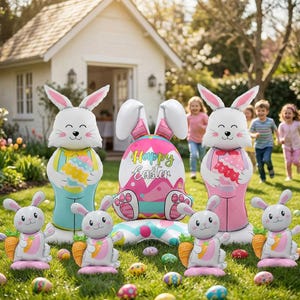 Può includere: Decorazioni gonfiabili a tema pasquale con figure di coniglietti e un palloncino a forma di uovo con la scritta "Happy Easter". I coniglietti sono bianchi con dettagli rosa, che tengono carote. Il palloncino a forma di uovo è rosa e verde. La scena è all'aperto.
