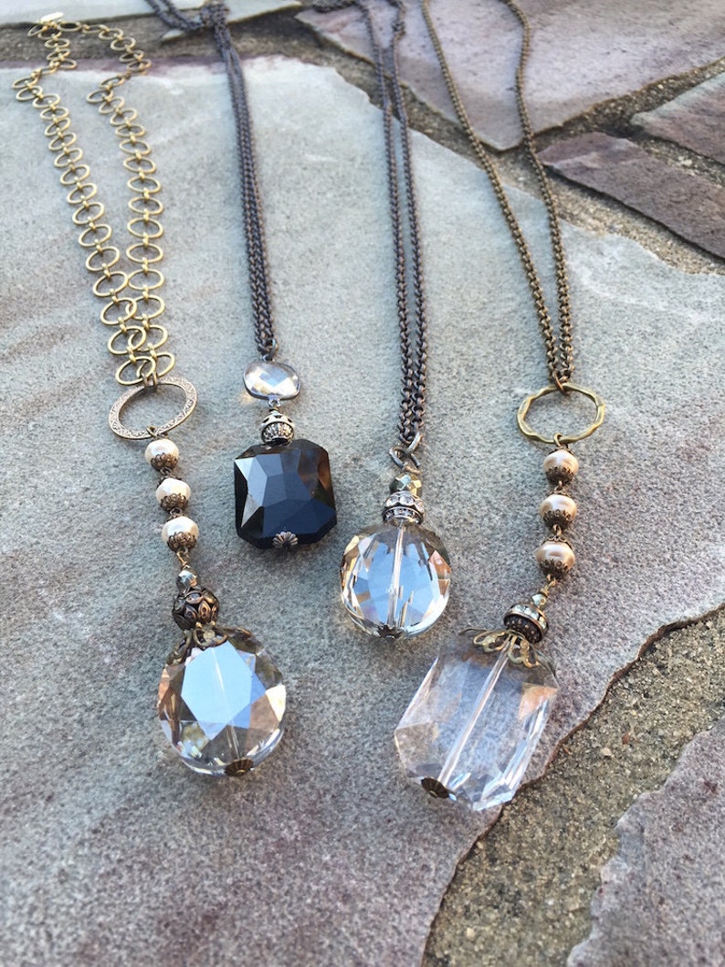 Rectangular Clear Crystal Necklace with Pearl Accent Etsy