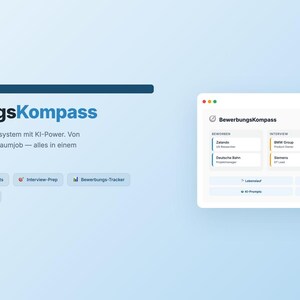 Könnte beinhalten: Ein digitales Notion-Template namens "BewerbungsKompass" in Blau und Weiß. Das Template enthält Abschnitte für die CV-Vorbereitung, Interview-Vorbereitung und einen Job-Application-Tracker. Der Text im Bild ist auf Deutsch.
