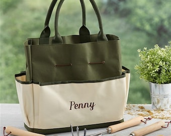 Personalized Garden Tote with Tools – Custom Name Gardening Bag Set – Embroidered Gardening Gifts for Mom – Canvas Tote with Hand Tools
