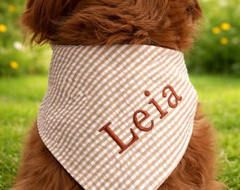 Seersucker Stripe Dog Bandana with Embroidery – Khaki, Blue & White Tie-On Pet Scarf