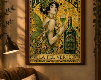Golden Absinthe Print, Klimt Style Gold Leaf, Romantic Art Nouveau 60x90 cm / 24x36″
