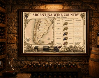May include: A framed wall print titled Argentina Wine Country, A Taste of the Classic Regions. The print features a map of Argentina with wine regions, a table listing signature grapes and facts, and illustrations of wine bottles and grapes.