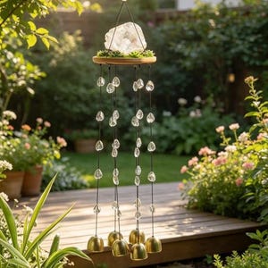 May include: A decorative wind chime featuring a large, clear crystal atop a wooden disc with greenery. Clear crystal beads cascade downwards, culminating in small, gold-coloured bells. The chime is suspended by a black cord.