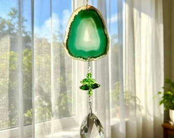 Campana de viento hecha a mano con rodajas de ágata natural, atrapasol de cuarzo cristalino, campana de viento de ágata verde, sanación Reiki, decoración del hogar, regalos de cristal (1 unidad)