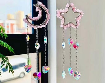 Natural Rose Quartz Chip Stone Handmade Moon Wind chime,Crystal Quartz SunCatcher,Rose Quartzt with Star/Moon,Home Decor,Crystal gifts