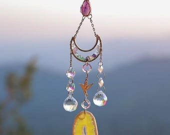 Handgjord ametist solfångare, vindspel i gul agatskiva, bohemisk kristallregnbågstillverkare, spirituell heminredning, unik present till henne