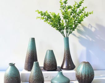 Mini vaso in ceramica smaltata turchese, vaso da fiori rustico giapponese, ornamento da tavolo boho, regalo per l'inaugurazione della casa.