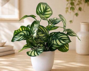 Calathea artificiale in vaso, decorazione con foglie tropicali finte, pianta finta in vaso bianco, regalo per scrivania e ufficio
