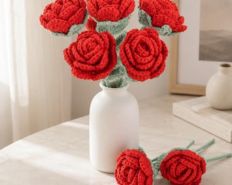 Rosa all'uncinetto, stelo floreale rosso fatto a mano, bouquet da sposa, regalo per la decorazione della casa