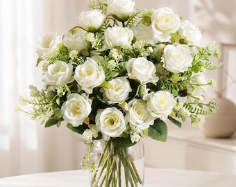 Bouquet di rose artificiali bianche, fiori finti in seta, centrotavola per matrimoni, decorazioni per la casa.