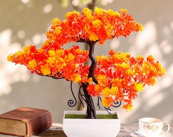 Albero bonsai artificiale, pianta finta dai colori vivaci, decorazione con tronco contorto