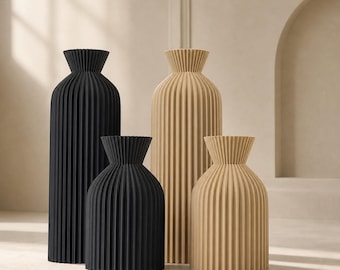 Vaso in plastica a coste, centrotavola boho, decorazione minimalista per la casa, vaso da fiori nero e beige, regalo in stile nordico