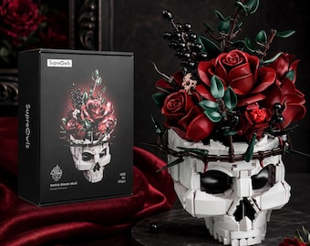 Set di costruzioni con teschio gotico e rosa, vaso di fiori a forma di scheletro, mattoncini da costruzione per adulti, idea regalo per arredamento dark.