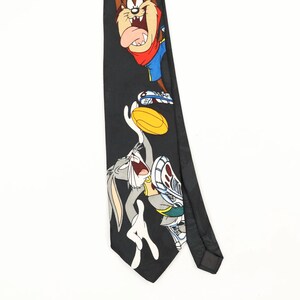 Looney Tunes Vintage Polyester Tie Black Cartoon Bugs Bunny Pattern Wide Mens Necktie