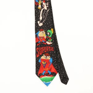 Cravate vintage en polyester noir à motif Supertaz (dessin animé) pour homme