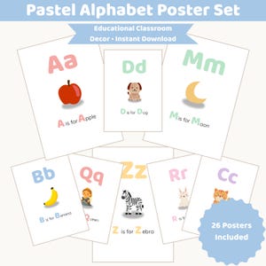 May include: A set of pastel alphabet posters with illustrations. Each poster features a letter, a corresponding image, and a word. The posters are designed for educational use and include the text "Pastel Alphabet Poster Set".