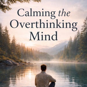 May include: A book cover featuring the title "Calming the Overthinking Mind" set against a tranquil landscape. A person is seated on a rock by a lake, viewed from behind. The image evokes a sense of peace.