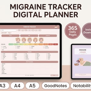 Journal de bord Migraine Tracker PDF numérique | Journal des maux de tête | Journal quotidien des symptômes et des déclencheurs | Visites chez le médecin | GoodNotes Notability iPad