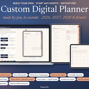 Maak je eigen digitale planner, begin in elke gewenste maand, iPad-planner voor 2026, 2027 en 2028, gekoppeld aan GoodNotes, portret- of landschapsmodus, onbeperkte mogelijkheden