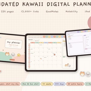 May include: An undated digital planner with 539 pages and 13,000+ links, compatible with GoodNotes, Notability, and iPad. The interface features pastel colors, animal illustrations, a monthly calendar view, and daily task lists. Includes 100 free stickers.