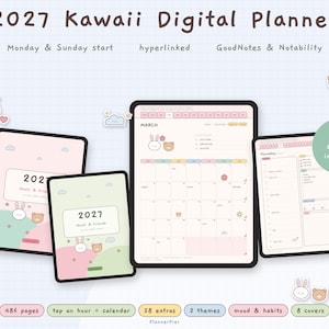 May include: A 2027 Kawaii digital planner set featuring multiple tablet screens displaying calendar layouts, daily schedules, and pastel-colored graphics of bunnies and bears. The text includes 2027 Kawaii Digital Planner, 486 pages, 60 stickers included, and 8 covers.