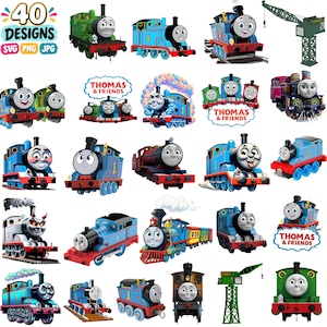 May include: A collection of 40 digital graphic designs featuring Thomas the Tank Engine and friends, including various blue, green, and red steam locomotives, a green crane, and the Thomas & Friends logo, presented as a grid of individual character illustrations.
