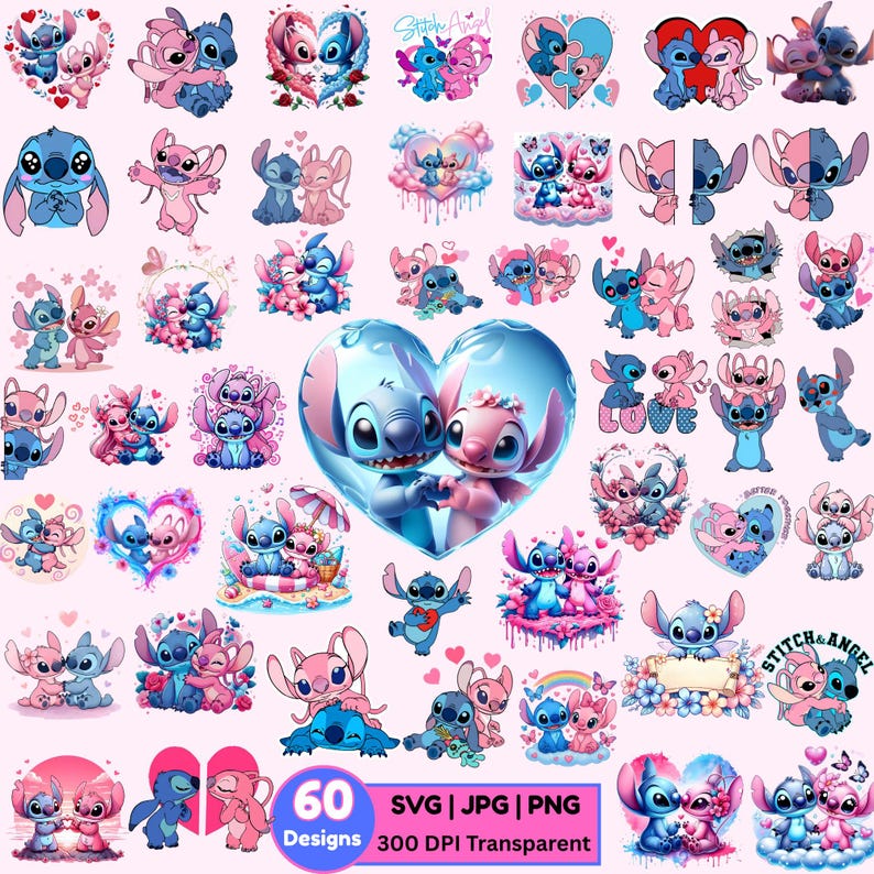 Stitch and Angel SVG PNG Bundle | 60 Designs Stitch Tshirt Mug Cup SVG, Stitch Love Svg | Angel, Stitch With Angel Svg | Stitch Couple Svg image 1