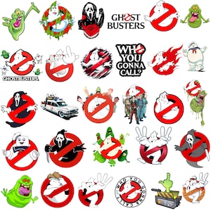 Puede incluir: Una colección de pegatinas con temática de Ghostbusters que incluye varios diseños, como el icónico logo de fantasma rojo y blanco, Slimer, el muñeco de malvavisco Stay Puft, el vehículo Ecto-1 y el texto Who You Gonna Call y Ghostbusters.