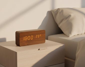 Wooden LED Digital Alarm Clock for Desk & Bedside  Modern Minimalist Home Office Clock with Temperature  12/24H Display