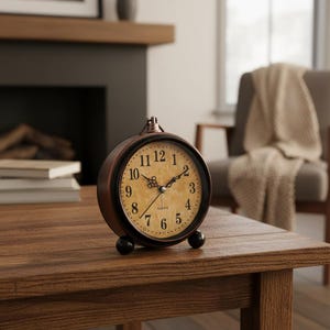 Puede incluir: Un reloj despertador redondo de estilo vintage con un marco de metal color bronce y una esfera color crema. El reloj tiene números y manecillas negras y descansa sobre dos pequeños pies esféricos negros. La palabra "QUARTZ" está impresa en la esfera.