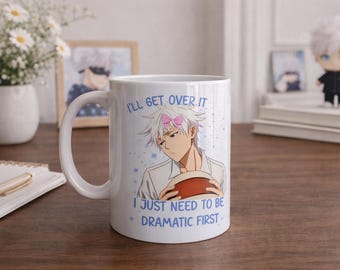 Anime mok met manga-uitstraling – ontwerp geïnspireerd op Gojo Satoru – grappige mok met dramatische quote – cadeau voor anime-fan – Jujutsu Kaisen-stijl