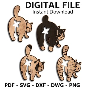 May include: Wooden cat-shaped cutouts in various designs, including solid, spotted, and striped patterns. Each cat has a star-shaped cutout. The image includes the text "DIGITAL FILE Instant Download" and file type options: PDF, SVG, DXF, DWG, and PNG.