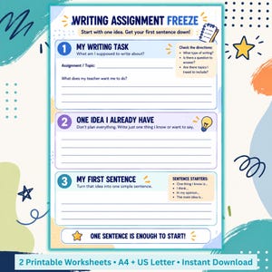 ADHD Writing Starter Worksheet for Kids Ages 8–13, Task Initiation, Writing Assignment, Executive Function Printable