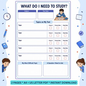 Può includere: Un foglio di pianificazione dello studio intitolato WHAT DO I NEED TO STUDY? con sezioni per materia, data del test e argomenti, incluse caselle di controllo per valutare la preparazione e spazi per l'argomento più difficile e domande da porre.