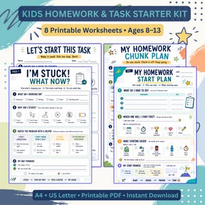 Op de afbeelding: Een set printbare werkbladen genaamd Kids Homework & Task Starter Kit voor kinderen van 8-13 jaar. De documenten bevatten My Homework Chunk Plan, My Homework Start Plan en I'm Stuck! What Now? met checklists, iconen en takenlijsten.