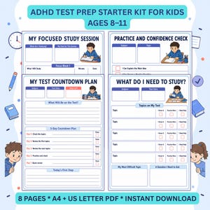 Pianificatore di preparazione al test per l'ADHD per bambini, schede di studio, funzioni esecutive, pacchetto PDF stampabile