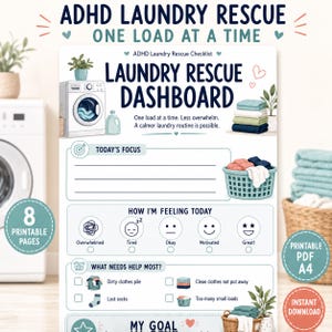 Puede incluir: Una lista de control de tablero de lavandería ADHD blanca con texto azul, que presenta ilustraciones de una lavadora, una cesta de ropa y una pila de toallas dobladas. El documento incluye secciones para el enfoque de hoy, el estado de ánimo y las necesidades, con casillas de verificación e iconos de emoción.