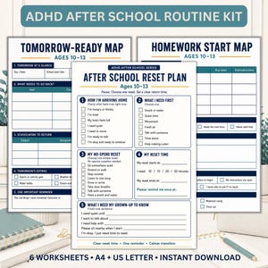 Puede incluir: Un kit de rutina escolar para TDAH con tres hojas de trabajo imprimibles tituladas Tomorrow-Ready Map, Homework Start Map y After School Reset Plan para edades de 10 a 13 años, con listas, tablas y textos en azul y blanco.