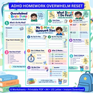 May include: A set of three ADHD homework planner worksheets featuring colourful illustrations, numbered steps, and prompts for brain dumping, task prioritisation, and time management, with text including ADHD Homework Overwhelm Reset.