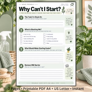 Könnte beinhalten: Ein druckbares, ADHS-freundliches Arbeitsblatt mit dem Titel Why Can't I Start? mit vier nummerierten Abschnitten zur Aufgabenverwaltung, inklusive Checkboxen für Hindernisse, Linien für Notizen und motivierenden Texten in Grün und Weiß.