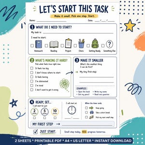 Puede incluir: Una hoja de trabajo de gestión de tareas imprimible titulada Let's Start This Task con secciones para identificar tareas, superar obstáculos, desglosar pasos y configurar temporizadores. El documento incluye casillas de verificación, iconos para tareas, lectura, proyectos, quehaceres y un gráfico de reloj.