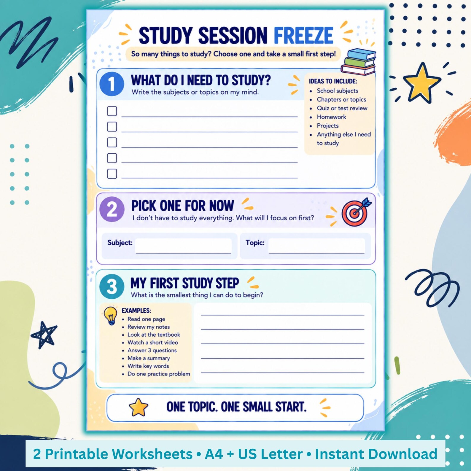 Task Initiation Worksheet ADHD Study Starter Worksheets for Kids Ages 8–13, Task Initiation ...