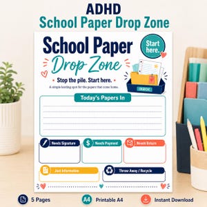 May include: A white printable ADHD School Paper Drop Zone organizer sheet with dark blue and teal text. It features sections for Today's Papers In, Needs Signature, Needs Payment, Needs Return, Just Information, and Throw Away / Recycle categories.