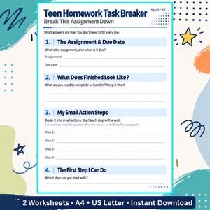 ADHD Homework Task Breaker for Teens Ages 14–18, Assignment Breakdown Worksheets, Executive Function Printable, Study Planner
