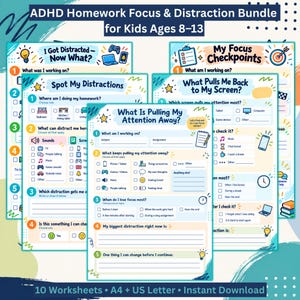 Könnte beinhalten: ADHD Homework Focus & Distraction Bundle for Kids Ages 8-13. Eine Sammlung von Arbeitsblättern mit Titeln wie I Got Distracted Now What?, Spot My Distractions, My Focus Checkpoints und What Is Pulling My Attention Away? mit Kontrollkästchen.