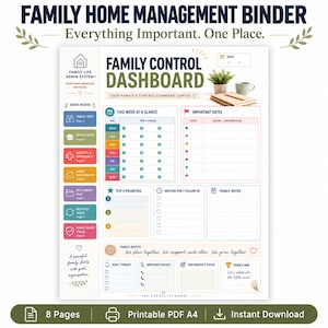 May include: A Family Home Management Binder printable PDF featuring a Family Control Dashboard. The page includes sections for This Week at a Glance, Important Dates, Top 3 Priorities, Waiting For, Family Notes, Family Motto, and contact lists.