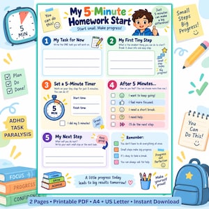 May include: A My 5-Minute Homework Start printable worksheet featuring five numbered sections for task management, a timer graphic, emotional check-in checkboxes, and motivational text including You can do this and Progress not Perfection.