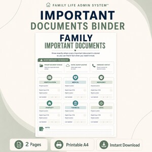 Family Important Documents Binder | Family Life Admin System | Printable PDF A4 | Home Organization Planner
