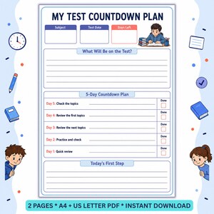 Op de afbeelding: Een afdrukbaar test-aftelsjabloon met de titel MY TEST COUNTDOWN PLAN, secties voor onderwerp, datum, resterende dagen, een 5-daags studieplan en een ruimte voor de eerste stap, versierd met illustraties van studenten en schoolbenodigdheden.